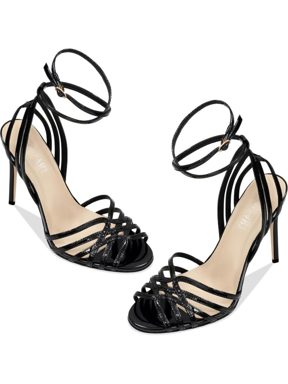 Women's Black Strappy Lace up Slingback Stiletto Heeled Open Square Toe Shoes - Picture 6 of 6